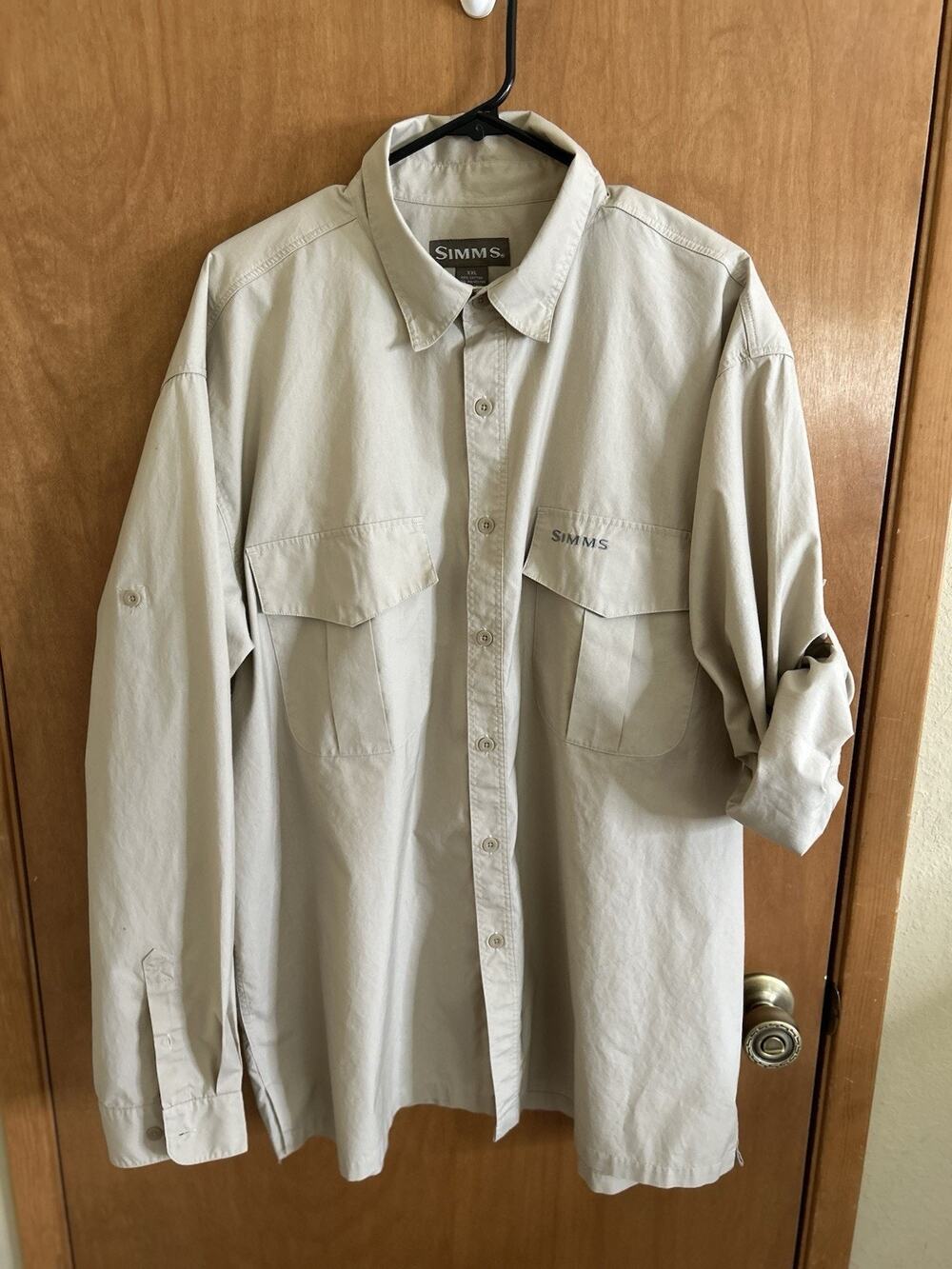 Vtg Simms Fishing Shirt Mens 2XL Beige Roll Tab Sleeves Button Up Logo Vented